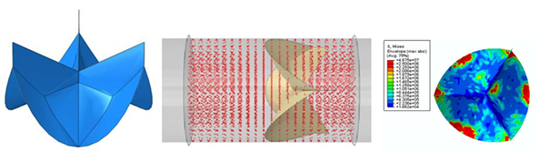 This example of modeling and simulation of a medical device shows an aortic valve geometry (left), a model of the effect of blood flow on the valve in a blood vessel (middle), and an Abaqus finite element analysis (FEA) of the stress on the valve leaflets during the diastolic phase (right). This work was performed by Dassault Systèmes SIMULIA in conjunction with the FDA’s Center for Devices and Radiological Health (CDRH). 