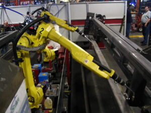 These industrial six-axis Fanuc robots are used for welding. North American manufacturers ordered more robots during the first half of this year than during similar time frames in years past. Twenty-one percent of those orders are for robots to perform spot welding.