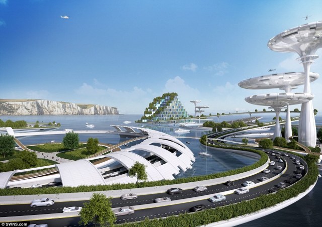 Concept art for a floating city near the White Cliffs of Dover, England in the year 2115. Copyright SWNS.com