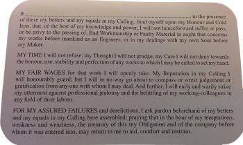 The obligation recited by Canadian engineering students during the Ritual of the Calling of an Engineer. Courtesy of Joebobfrak Wikipedia.