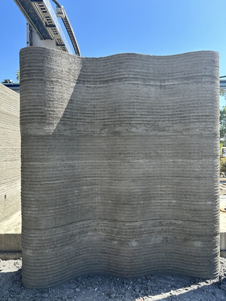 3D printed walls of California’s first 3D printed home shown prior to stuccoing