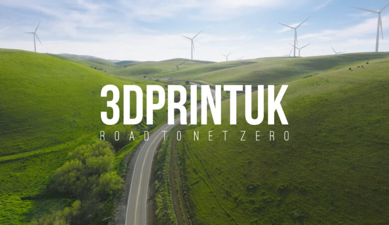 A road through an open field and wind turbines in the background with the text "3DPRINTUK road to net-zero" overlayed.