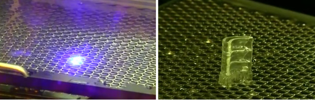 Left: A laser is used to raster part geometry in the preceramic resin. Right: a printed piece of resin before curing. (Images courtesy of HRL Laboratories.)