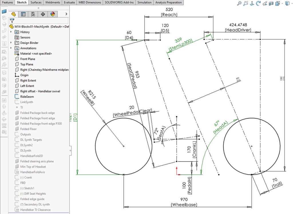 Screenshot of SolidWorks showing the ride geometry.