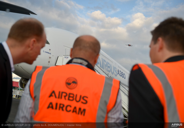 The drone Airbus used at the 2016 Farnborough Airshow to demonstrate visual inspection of aircraft by unmanned aerial vehicles has a high definition camera and is flown using an automatic flight control system supervised by a human pilot. (Image courtesy of Airbus.)