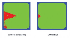 QMcoating: without QMcoating, the layer may be insufficiently coated (the red areas indicate a lack of powder material); with the QMcoating approach, however, the powder dosing factor is adjusted within the tolerance range. Photo courtesy of Concept Laser GmbH