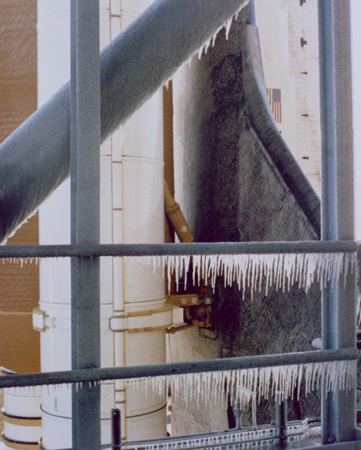Ice on the launch tower hours before the Challenger's launch.