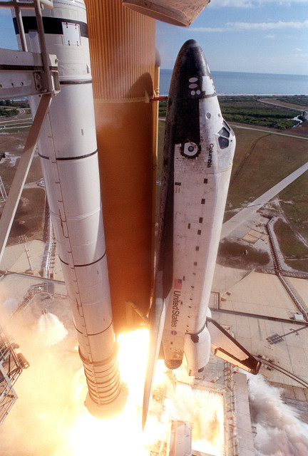 Close-up camera view of the Space Shuttle Columbia as it lifts off on Jan. 16, 2003.