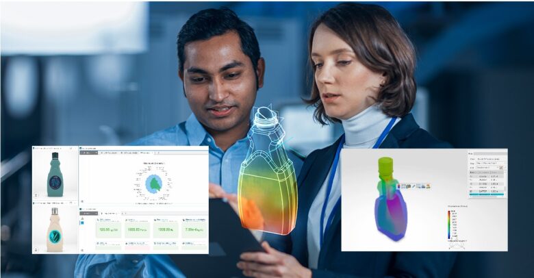 Two packaging designers evaluate a product using virtual twin technology.