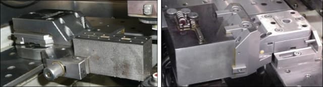(Left) Side-clamp vise. (Right) Top-Clamp Vise. (Image courtesy of Makino.)