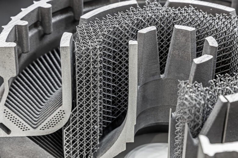 3D printed part with complex geometry and lattice structure.