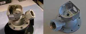 ESA water on-off valve. Original stainless steel welded assembly vs. single piece 3D printed titanium. Photo Courtesy European Space Agency. 