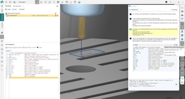 A screenshot of SprutCAM's software and the Ency AI assistance chat box.