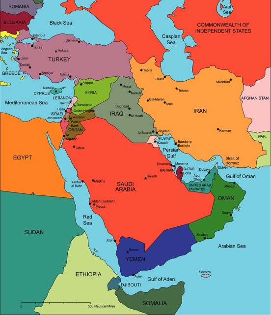 Map of the Middle East. Note the UAE's strategic position in the southeast of the Persian Gulf.