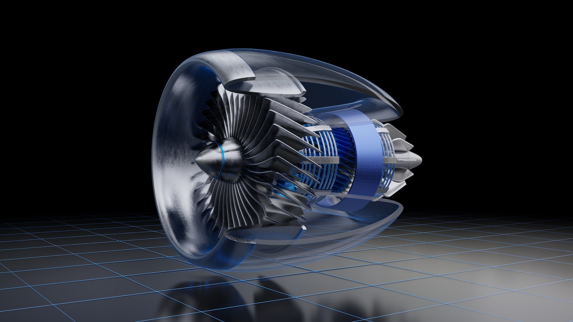 3D model of a jet engine design on dark background.