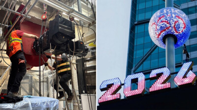 SEW-EURODRIVE team working on site on the Times Square Ball drive and control system (left side of image), 2026 Times Square Ball for the America250 celebration (right side of image). Source: SEW-EURODRIVE