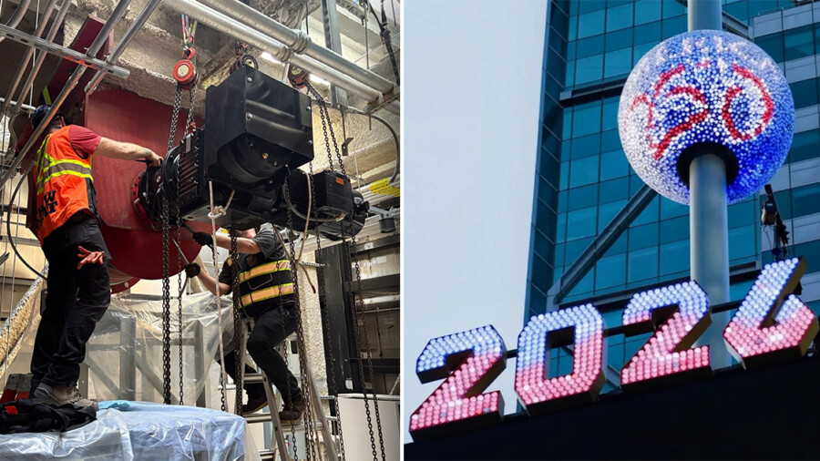 SEW-EURODRIVE team working on site on the Times Square Ball drive and control system (left side of image), 2026 Times Square Ball for the America250 celebration (right side of image). Source: SEW-EURODRIVE